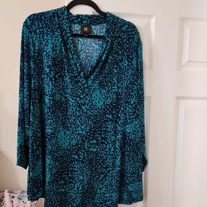 JM Collection Teal & Navy Abstract V-Neck Blouse